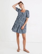 Madewell Poplin Puff-Sleeve Tiered Babydoll Dress in Paisley Garden 4 Blue