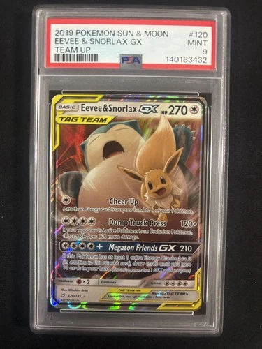 EEVEE & SNORLAX GX 2019 POKEMON TEAM UP RARE FULL ART 120/181 PSA 9 Q0004