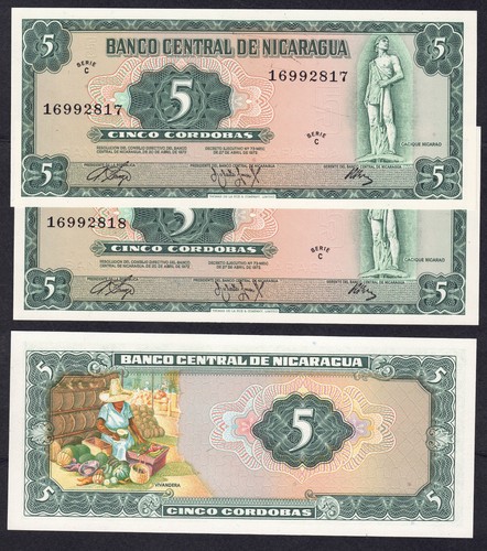 Nicaragua P 122: 5 Cordobas 1972: 3 Stück Sammler collector lot