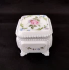 Vtg 50s Westmoreland Hand Painted Rose Footed Milk Glass Ring Trinket Box Lidded