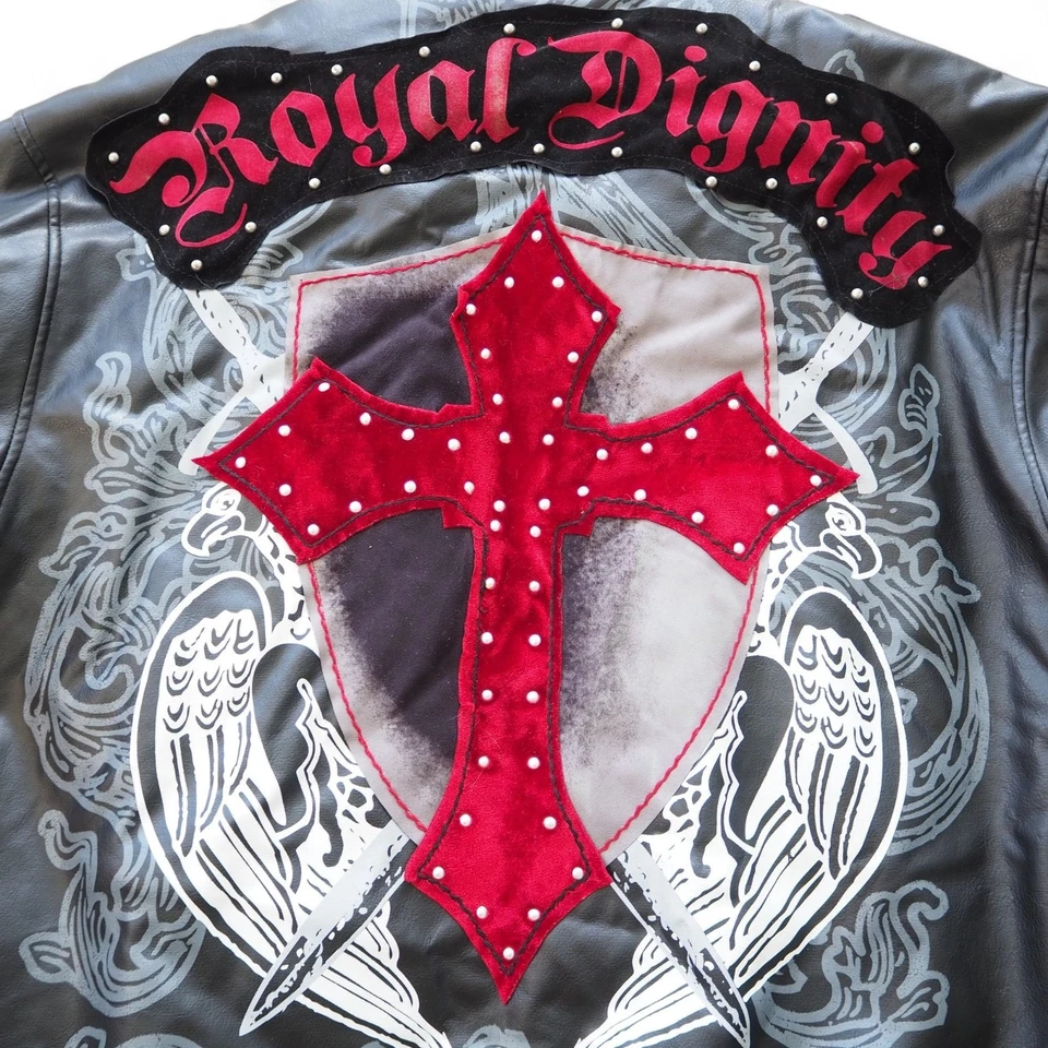 Chaqueta Bomber Azul Crudo Vintage Y2K "Royal Dignity-Cross" Cuero Sintético Para Hombre XL Foto 4 de 4
