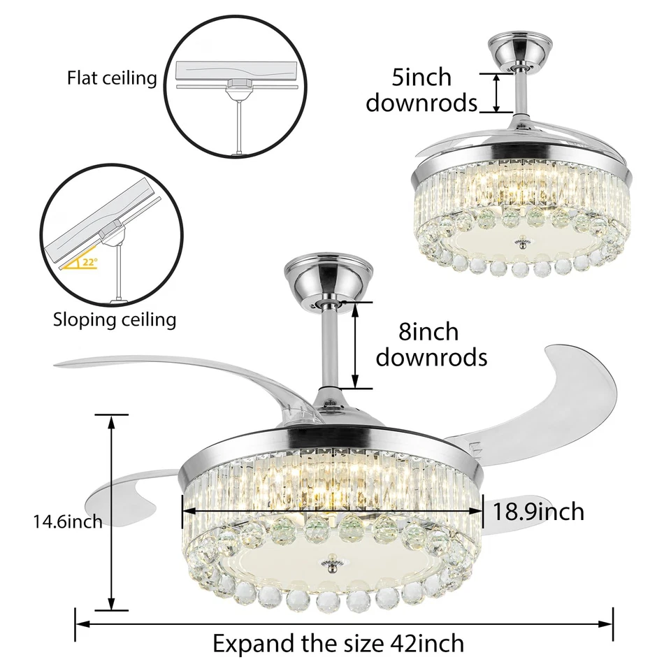 Crystal Ceiling Fans with Lights42 Inch LED 3 Color Remote Control Retractabl... - Image 2 of 4