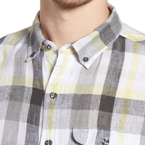 Camicia lino Michael Bastian nuova taglia S grigia gialla a quadri con bottoni casual S/S