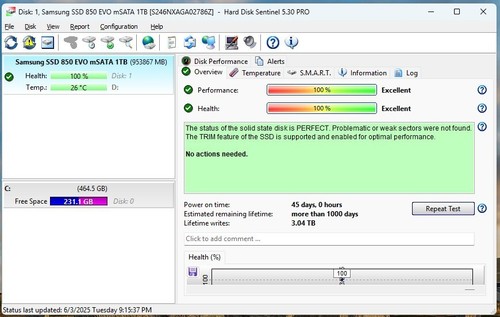 SAMSUNG 850 EVO 1TB MZ-M5E1T0 MZMLE1T0 mSATA SSD Solid State Drive - Tested - Afbeelding 2 van 3