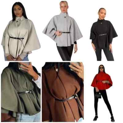Damen Frauen Jacke Gürtel Poncho Cape Mantel Pullover Winter Oberteil 8-16