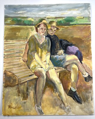 Vtg Oil on Canvas Painting Couple Sitting On Park Bench  20x16  Peter Bruning