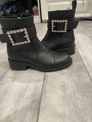 Zadig Voltaire Women Leather Crystal With Rhinestone Buckle Moto Boots  size