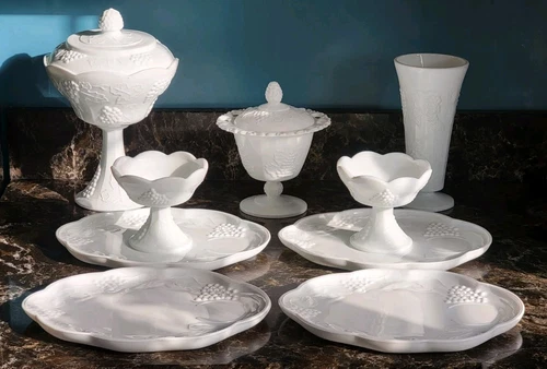 Vintage 1960s Indiana Glass White Milk Glass Colony Harvest Grape Luncheon Lot !