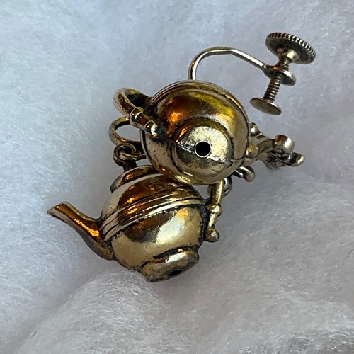 Vintage Paar 1940er Jahre Chor Tee Zeit Teekanne Miniatur Charms Schraube zurück hängen Ohrringe - Bild 15 von 24