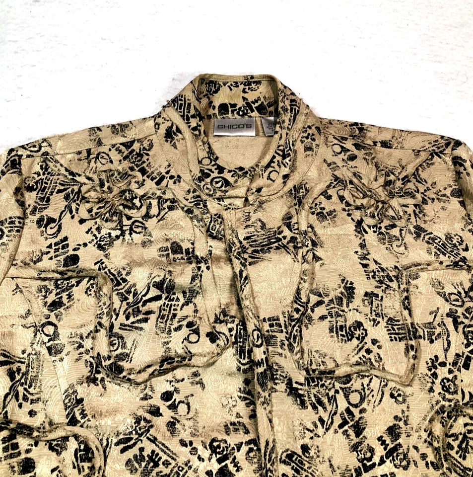 Blazer Chico's Mujer Lino Seda Talla 1 EE. UU. 8 Beige Negro Cuello Simulado Manga 3/4 Foto 2 de 4