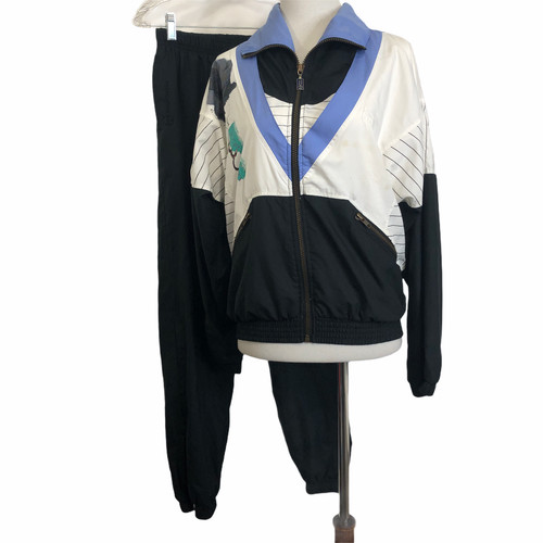 Sergio Tacchini, Vtg 80s Sergio Tacchini Tracksuit Windbreaker Womens Size 4 Black Blue 2-Piece