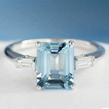 3 Ct Emerald Cut Aquamarine & Diamond Ring Three Stone In 14K White Gold Finish
