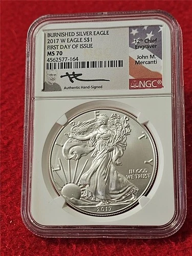 2017-W Silver Eagle Dollar ASE NGC MS 70 BURNISHED  FDI MERCANTI   #T1694