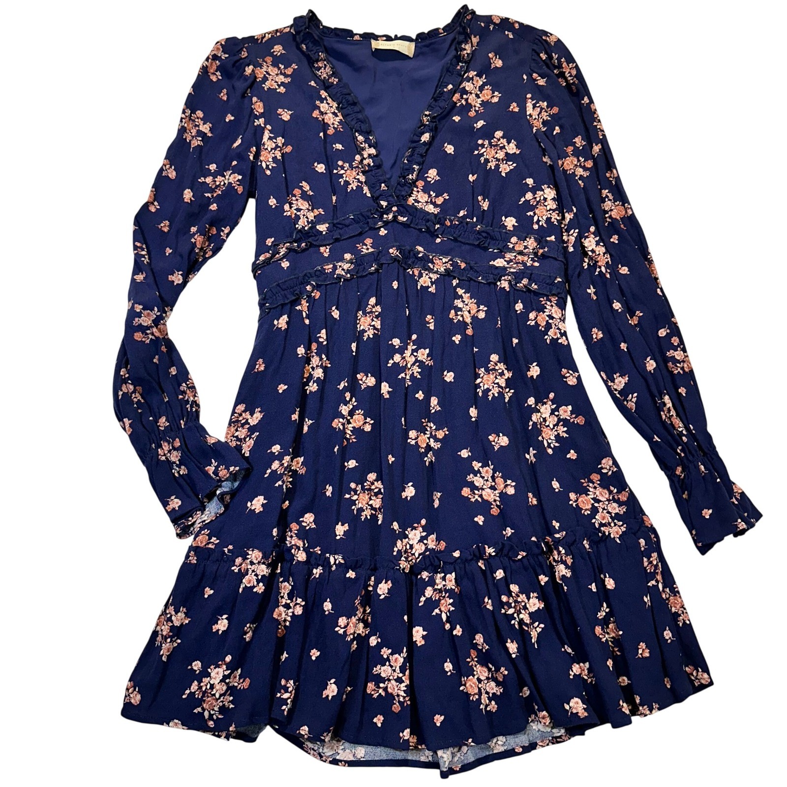 Altar'd State Mini Dress Women Small Navy Pink Floral Boho Ruffle V-Neck