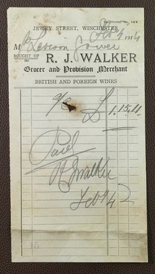 1914 R. J. Walker Grocer and Provision Merchant Jewry Street Winchester Receipt