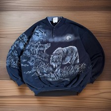 VTG 90s Wolf AOP All Over Print Crewneck Sweater XL USA Made Animal Nature Art