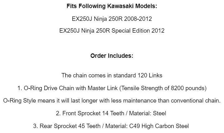 Cadena de transmisión y piñones de junta tórica roja para Kawasaki EX250J Ninja 250R 2008-2012 Foto 2 de 4