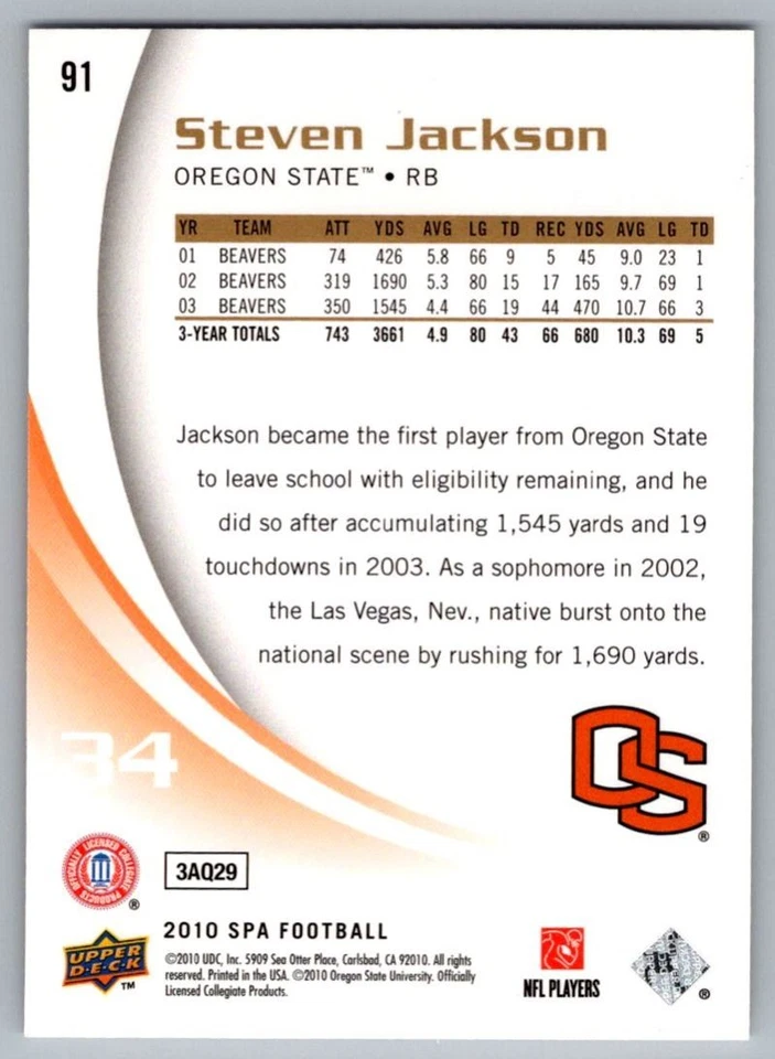 2010 SP Authentic Steven Jackson Oregon State Beavers #91 - Image 2 of 2