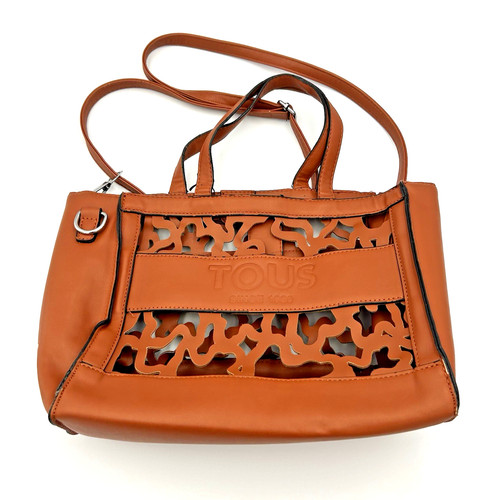 Tous Amaya Kaos Laser Die Cut Tote Hand Bag Cognac Brown Adjustable Crossbody