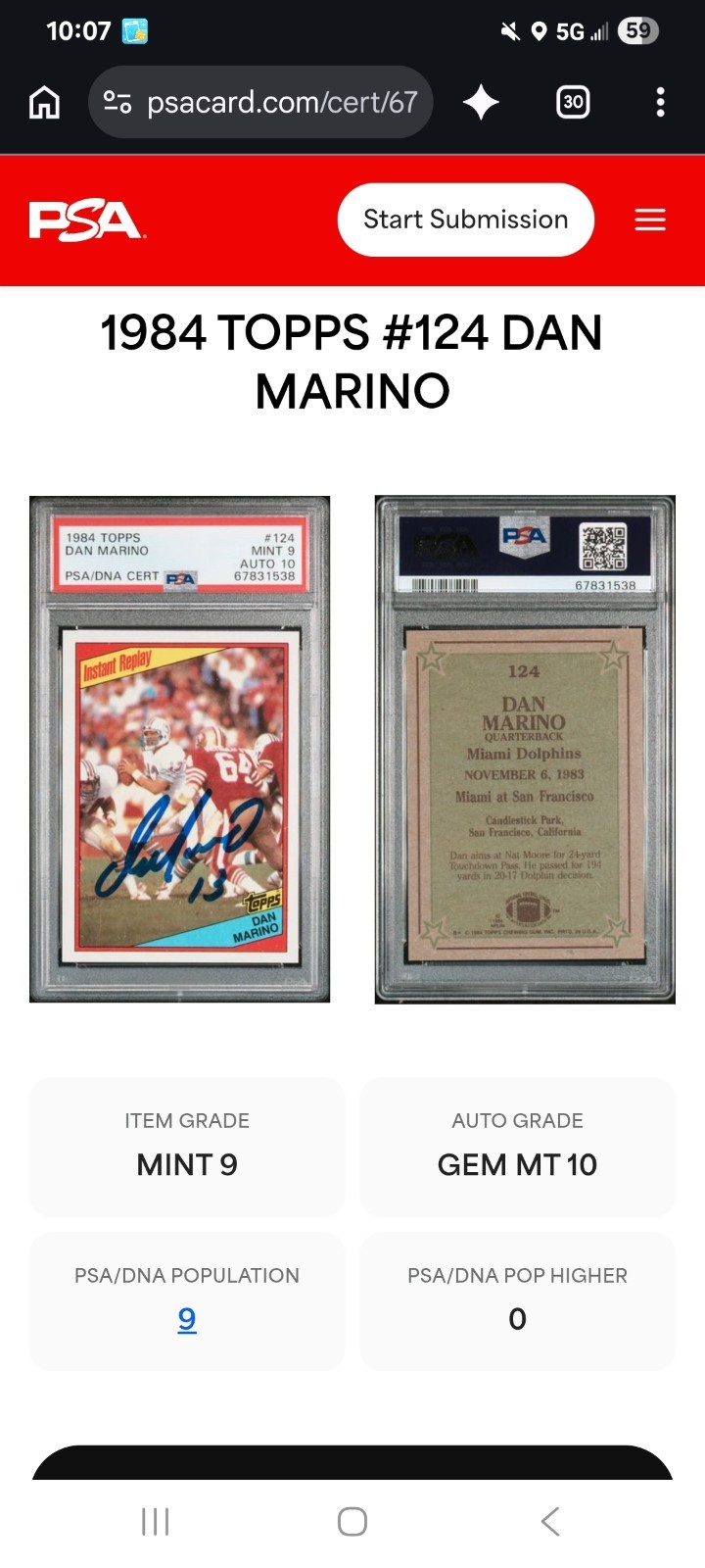 1984 Topps Dan Marino AUTO ROOKIE CARD RC! PSA 9/AUTO 10! POP 9! None Higher! view 2