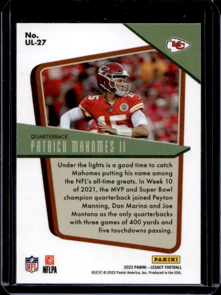 2022 Panini Legacy Patrick Mahomes II Under the Lights Mini Silver #UL-27 Chiefs - Image 2 of 2