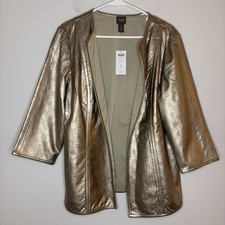 CHICO'S Travelers NEW Perforated Jacket Women L Gold 3/4 Sleeve Open 129 retail