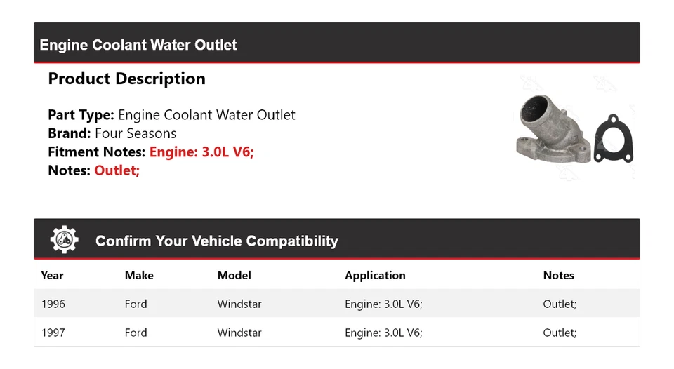 Tomada de água líquido de arrefecimento do motor Ford Windstar 3.0L V6 1996-1997 4 estações - Imagem 2 de 4
