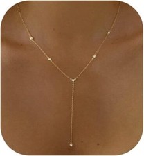14k Gold Plated Beaded Bar CZ Drop Necklace Simple Gold Y Choker Necklaces