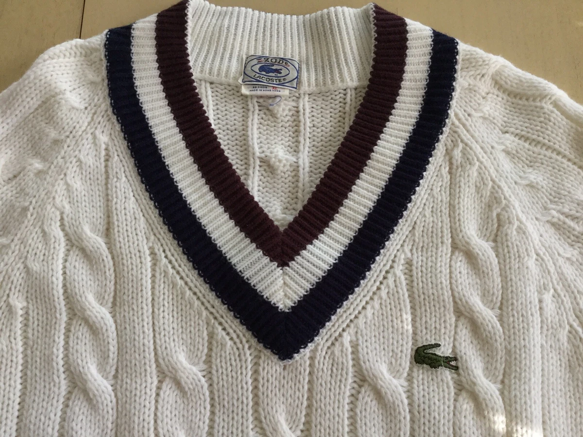 Vintage Izod Lacoste Cable Knit Tennis Pullover Sweater XL White Stripes