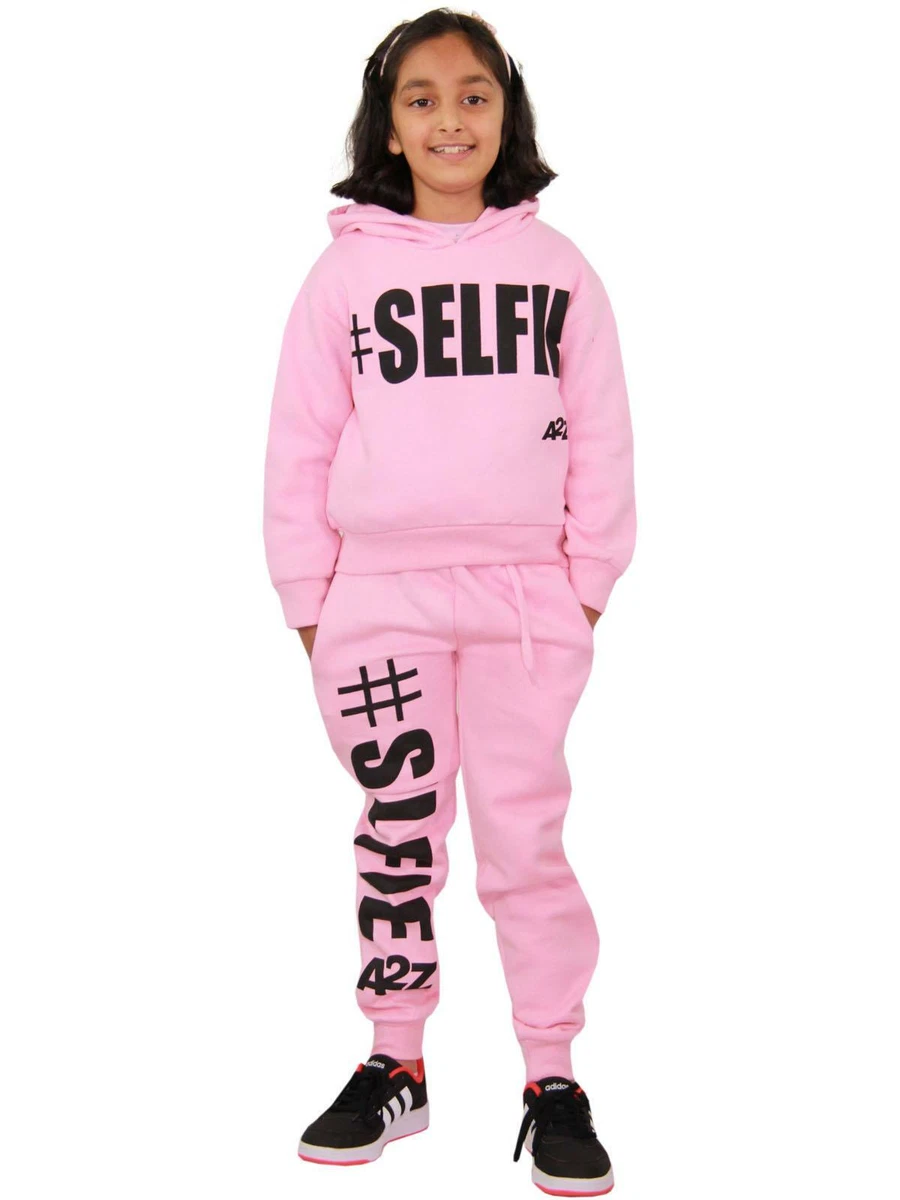 Kids Girls Tracksuit Designer #Selfie Hooded Crop Top Bottom Jogging Suit  5-13Yr