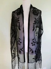 Inc International Concepts black velour flowers fringed scarf AZ10