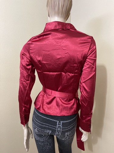 Women’s Burgundy Satin Polyester Casual Long Sleeve Size L Button Up Shirt Top - Picture 10 of 12