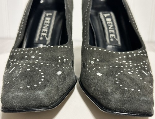 Y2K J. Renee sz 7M Silver Studs Gray Suede Leather Pumps Pointy Snip Toes - Picture 5 of 12