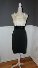 ALYX Size 4 Career Work Dress Ivory Ruffle Top Belted Gray Pencil Skirt