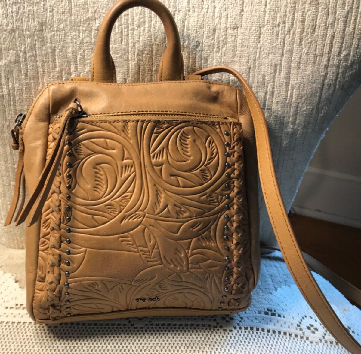 THE SAK TAN TOOLED LEATHER LOYOLA MINI CONVERT BACKPACK PURSE