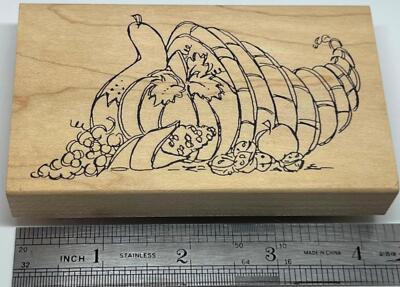 Thanksgiving Harvest Basket Cornucopia FRUITS VEGETABLES Rubber Stamp HEATHER