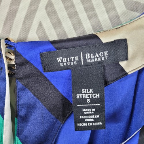 White House Black Market Silk Size 8 Shirt Top event party career Geometric Blue - Picture 5 of 7