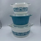 Pyrex Blue Horizon 3 Piece Cinderella Nesting Bowls 473, 474, 475-B Vintage Lids