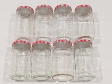 8-Empty Mixed Jam Glass Jars with New Red/White Lid Fruit Design-Lot 6 NEW PRICE