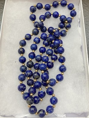 Estate Vintage 30  7mm Blue Lapis Lazuli & 2mm 14K Gold Beaded Necklace, 57.3g