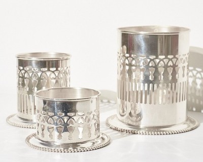Vintage Bernard Rice & Sons Silverplate Pierced Design Bottle Coasters Set of 3