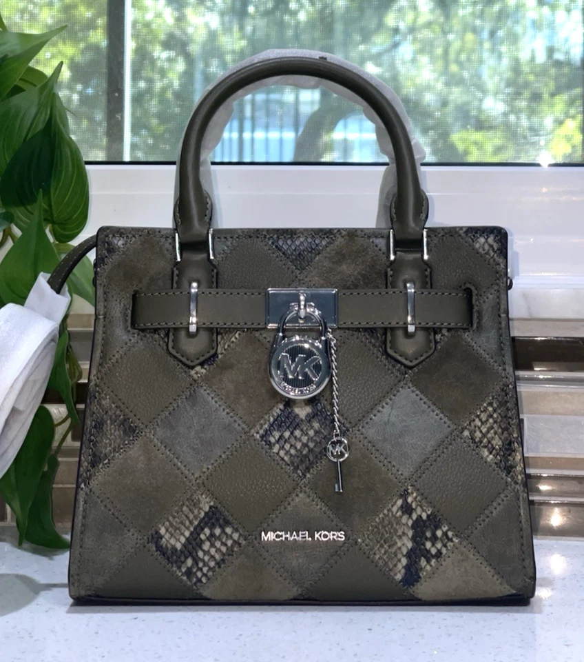 MICHAEL KORS HAMILTON SMALL SATCHEL KEY LOCK PATCHWORK OLIVE SNAKE PRINT SILVER - Image 3 of 4