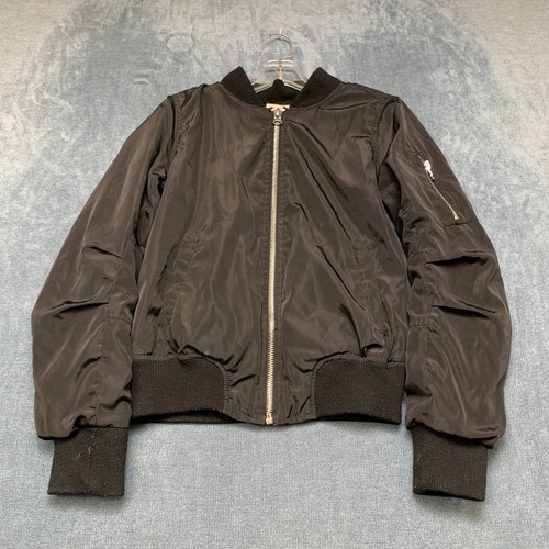 Angel Kiss Bomber Jacket Womens Medium Black Ribbed Hem Sherpa Lined Full Zip