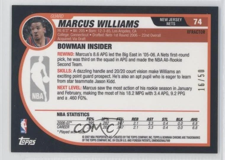 2007-08 Bowman Draft Picks & Stars Chrome X-Fractor /50 Marcus Williams #74 - Image 2 of 2