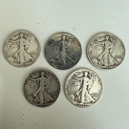5x 1939-1943 Walking Liberty Half Dollars 90% Silver FREE SHIPPING