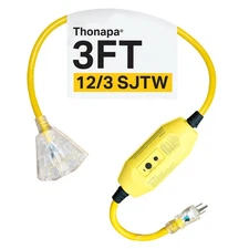 Thonapa 3 Foot Lighted Outdoor GFCI Extension Cord - 12/3 SJTW Heavy Duty Yellow