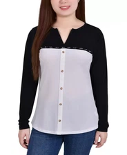 NY Collection Women's Top Petite PL Long Sleeve Studded