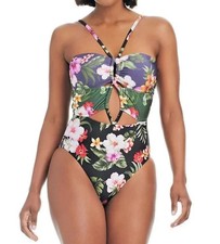 Bar III Women's Floral Keyhole One-Piece Swimsuit Navy Blue Size Small NWT