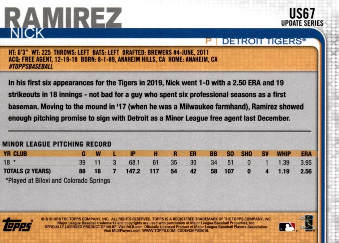 3 CARD LOT - 2019 Topps Update Series - Nick Ramirez #US67 (RC) - Image 2 of 2