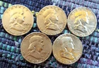 5 Franklin Half Dollars 1950, 1951, 1954, 1961, 1963 - Phil, 90% Silver, Bright